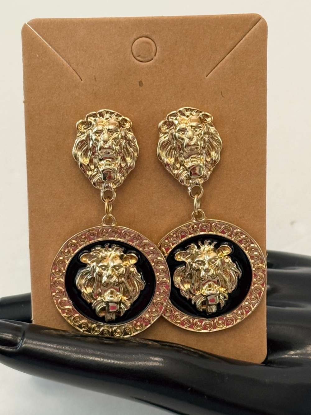 Gold Lion Head Medallion Earrings Black Enamel Statement Drop - Picture 7 of 13